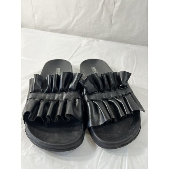 MIchael Kors Bella Leather Ruffle Slide Sandal Size 6 Black - Picture 3 of 12